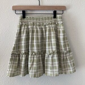 Hersy Skirt Women's Small Green Elastic Waistband Flare Tiered Cute Plaid Print